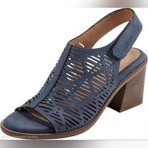 Earth Navy Laser-Cut Slingback Block Heel